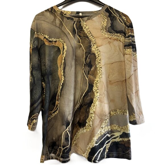 Women’s XL Neutral Print Long Sleeve Tee – Beige/Black/Brown Abstract Top - Picture 1 of 6